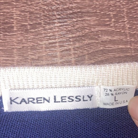 Vintage Womens  Large Blue & Cream Cardigan by Karen Lessly - Picture 3 of 9